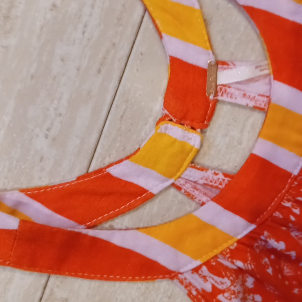 Free People Orange/White Boho Design Print Rayon/Linen Halter Tunic Top - Picture 3 of 9